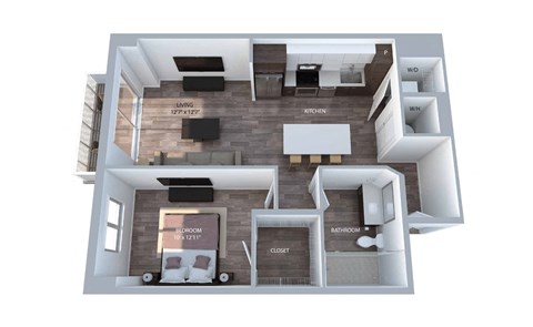 Floor plan for 1 bed, 1 bath, 740 sqft